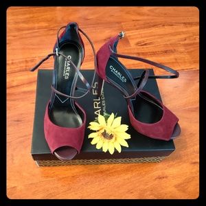Charles David Burgundy Suede Peep Toe Stilettos